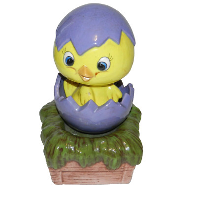 Vintage 1980 Ceramic Easter Music Box Egg Hatching Chick Spins  Working!  8.5 