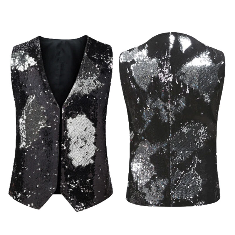 Men Reversible Two Tone Sequin Waistcoat Gilet Shiny Glitter Wedding Party Dance - Image 4 of 4