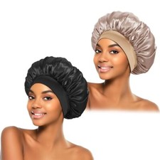2 Pcs Double Layer Silk Satin Bonnet Non-Slip Sleeping Cap for Curly Long Hair