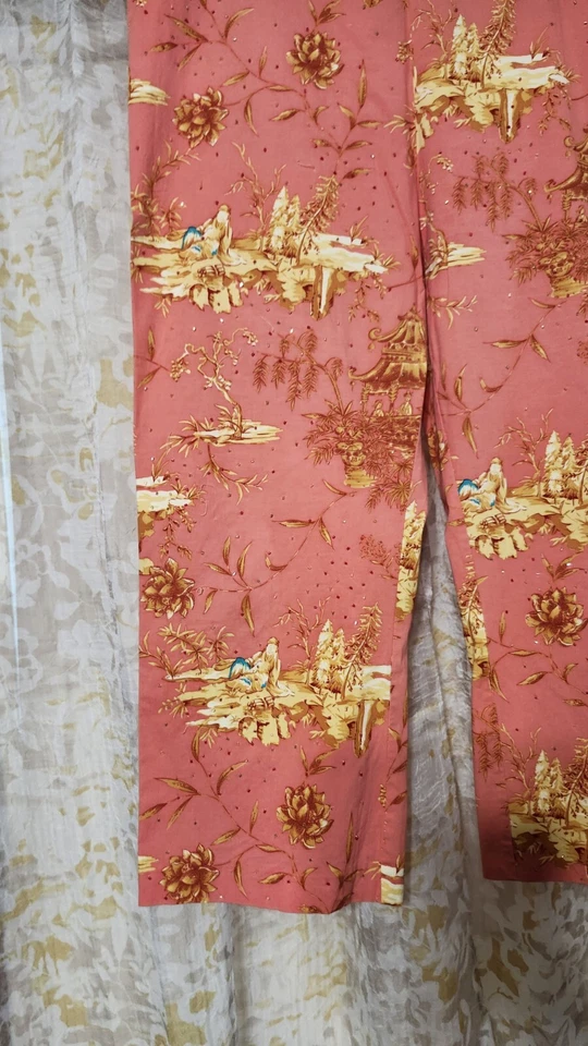Pantalones para mujer Steven Stolman Studio talla 14 estampado asiático 95 % algodón frente con cuentas Foto 4 de 4