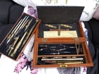 WW1 Antique Mahogany Cased Military Stamped Draughtsman Set 1914