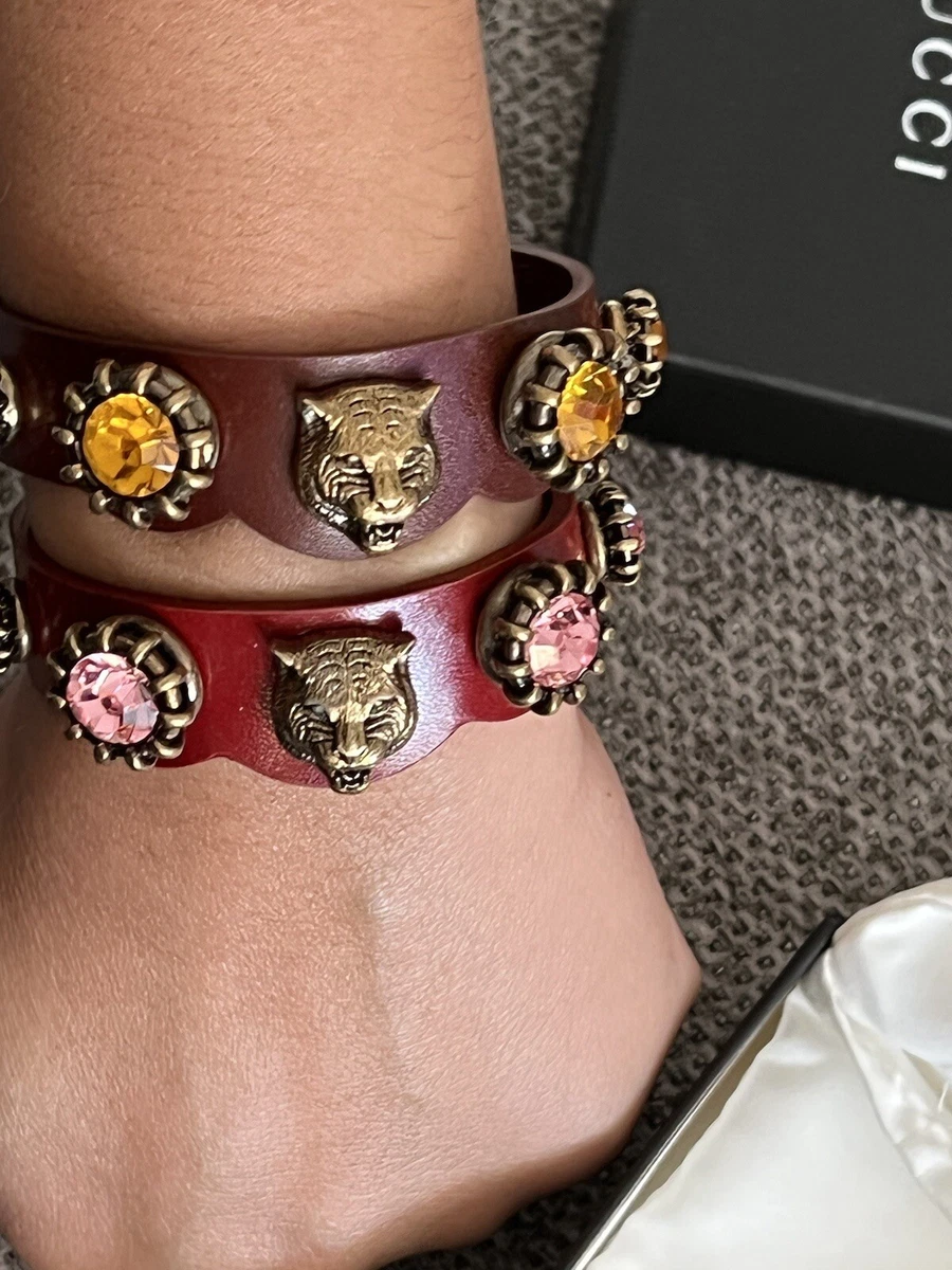 New Gucci Feline Studded Leather Bracelet (Only The One With Pink Crystal)  | eBay