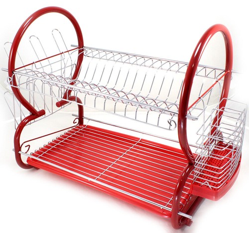 2 TIER CHROME PLATE DISH CUTLERY CUP DRAINER RACK DRIP TRAY PLATES HOLDER - Picture 9 of 9