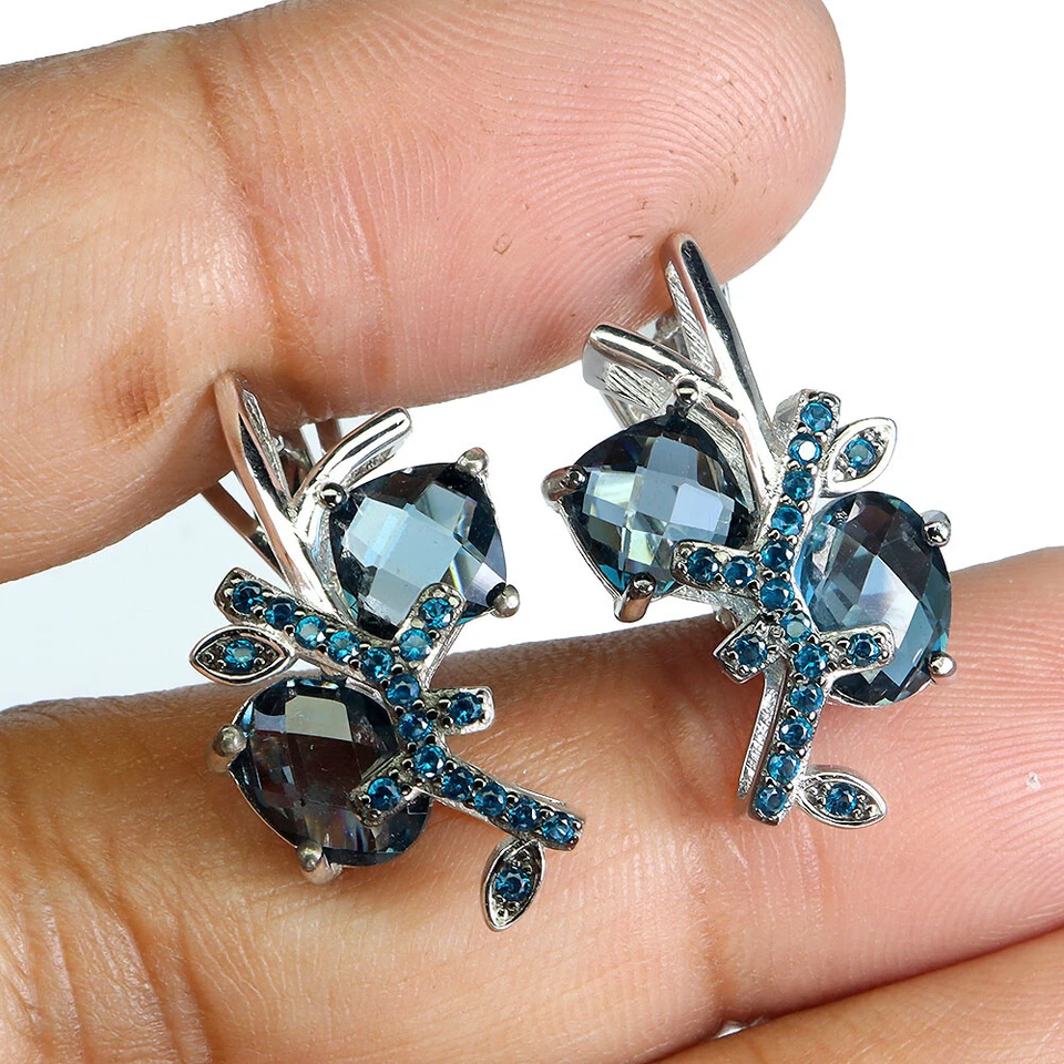 Pendientes de plata de ley 925 ovalados topacio Londres 8x6 mm joyas de piedras preciosas naturales Foto 2 de 4