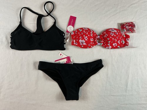 3-teiliges Xhilaration Damen Badeanzug Bikini Blumenmuster Oberteil, schwarzes Oberteil & Unterteil XS