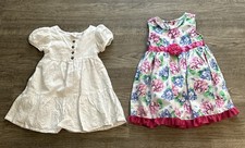 Lot Of 2 Toddler Girls Dresses Size 2T White Eyelet  Pink Floral W/Underslips