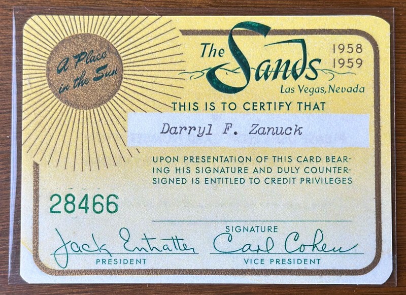 1958-59 Sands Casino Las Vegas Credit Card Darryl F. Zanuck COA Included