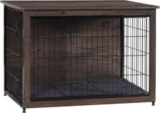 Dog Crate Furniture with Cushion, Wooden Kennel Table with Double Doors, Indoor