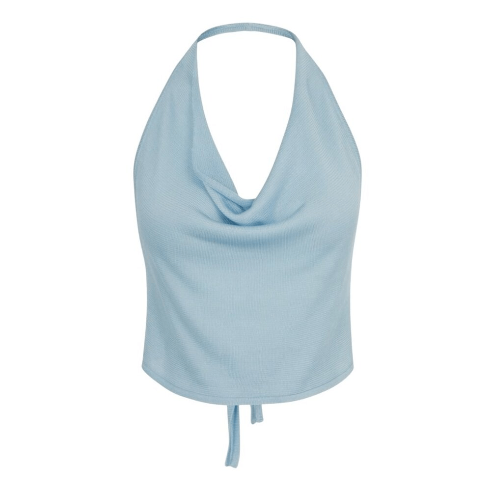New Aya Muse Cinnabar Knit Tied Draped Halter Crop Top XXS Light Sky Blue