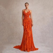 Msikoods Elegant Chiffon Spaghetti Straps Beaded Prom Dress Tulle Party Dresses