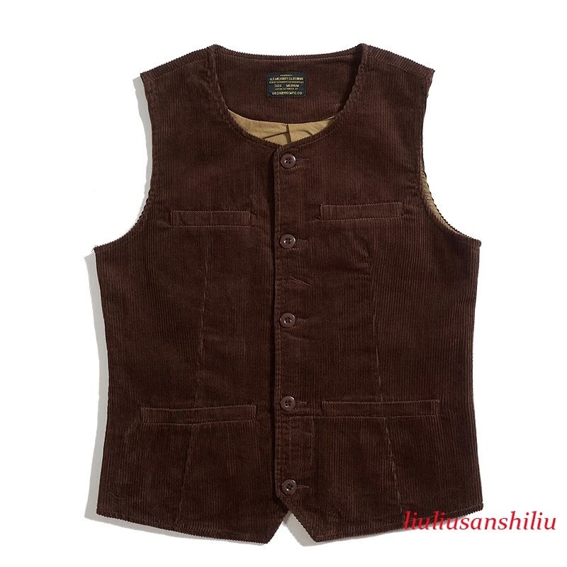 Retro Mens Corduroy Suit Vest Railroad Multi-pockets Waistcoat Casual Workwear