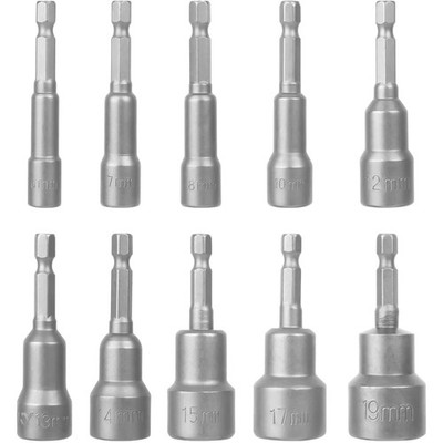 Magnetic Socket Set, 10pcs Chrom Vanadium Steel, 6-19mm, Hexagon, for Drill