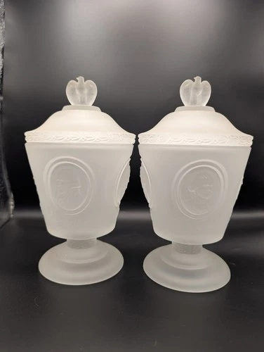 Pair of 1976 Bicentennial 8" Fenton Frosted Covered Candy Dish  Footed Compote