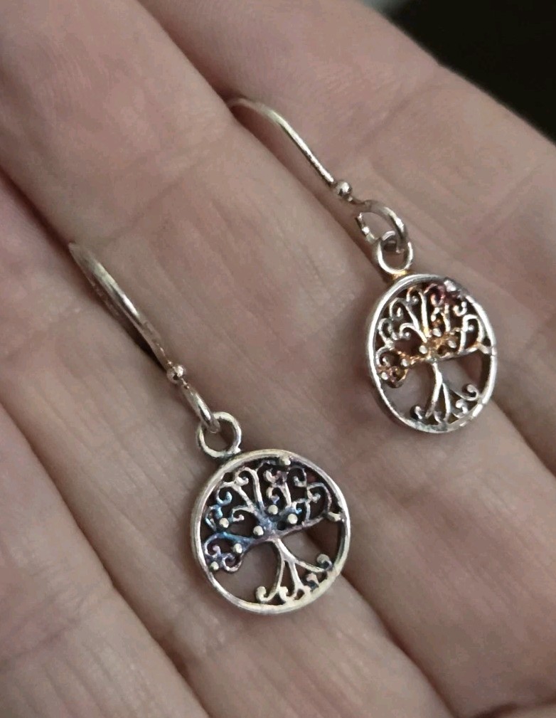 Vintage Sterling Silver Tree Of Life  Earrings Nice Patina .925 Dangle