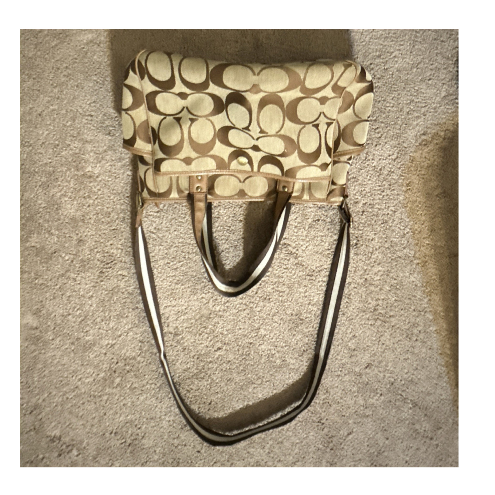 Coach Beige Brown Logo Double Handles Shoulder Bag Snap Closure Women Designer