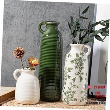 Set of 3 Ceramic Vases with Handles - Green White Neutral Handle - Green White