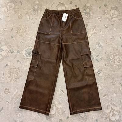 Anewsta ''Vintage'' Style Maillard Women's Distressed PU Cargo Pants Large NWT