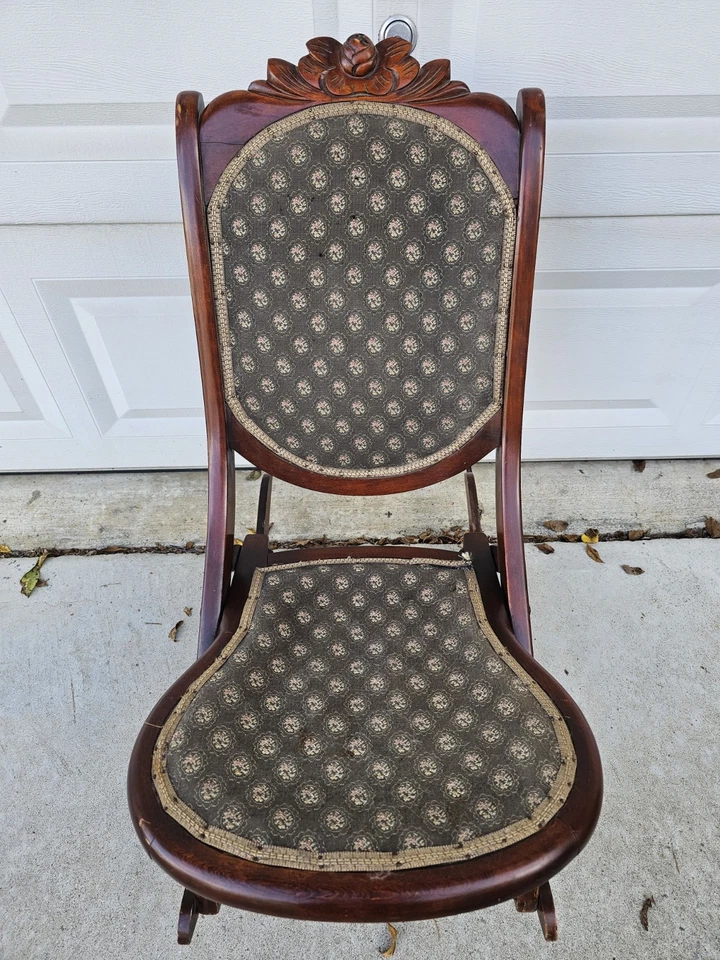 Antique Victorian Mahogany Folding Rocking Chair Original Floral Tapestry! Rare! - Image 3 of 4