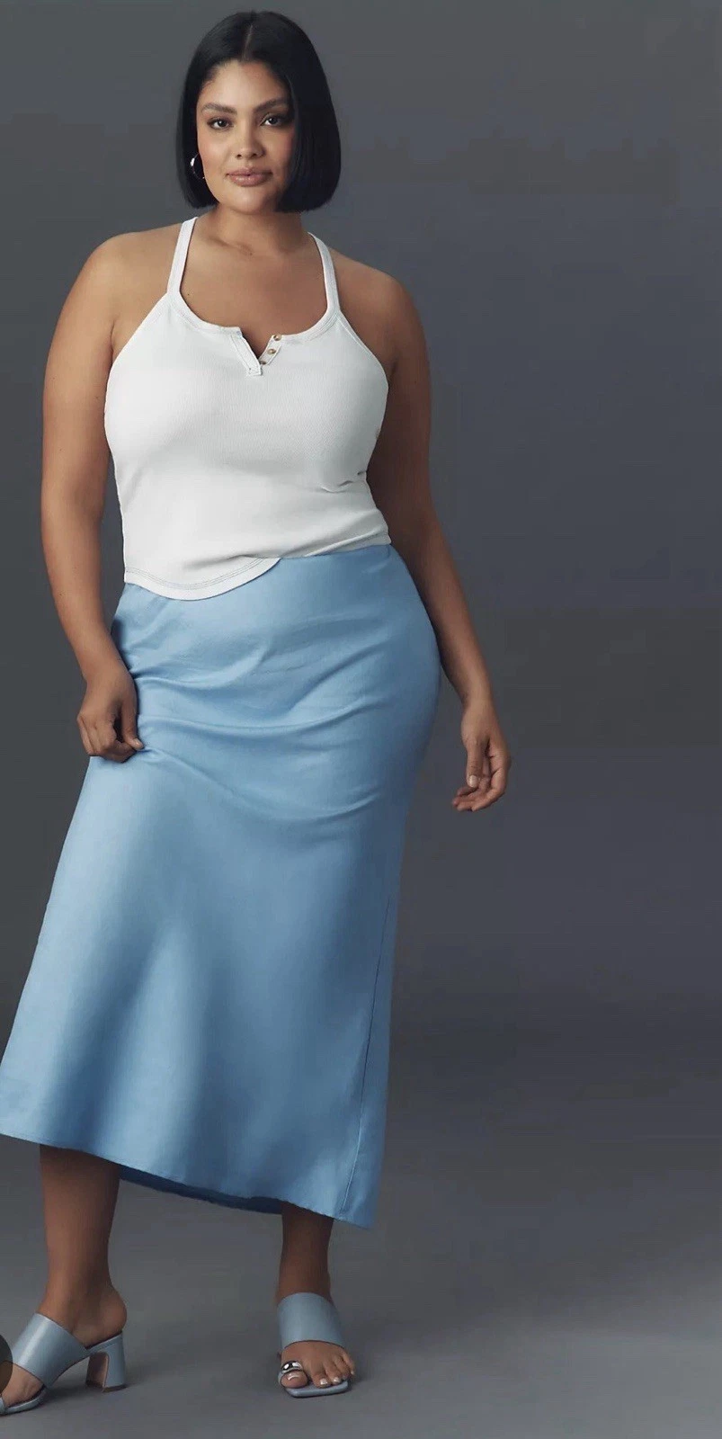 Anthropologie Tilda Maxi Slip Skirt Blue Linen Resort Vacay Preppy Large NWT