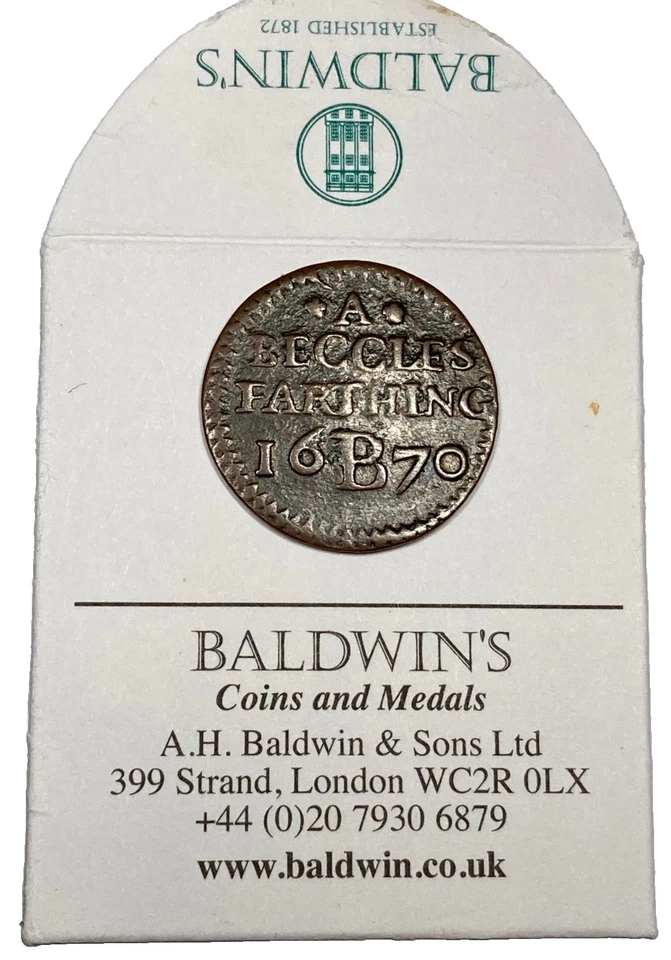 1670 Suffolk BECCLES hammered TOWN FARTHING token BARN WITH SHEEP PEN - W# 5 - Image 2 of 4