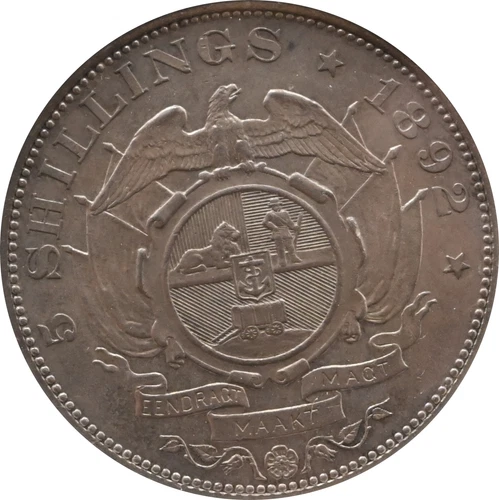 South Africa 1892 ZAR 5 Shilling DOUBLE Shaft MS 61 NGC VERY VERY RARE