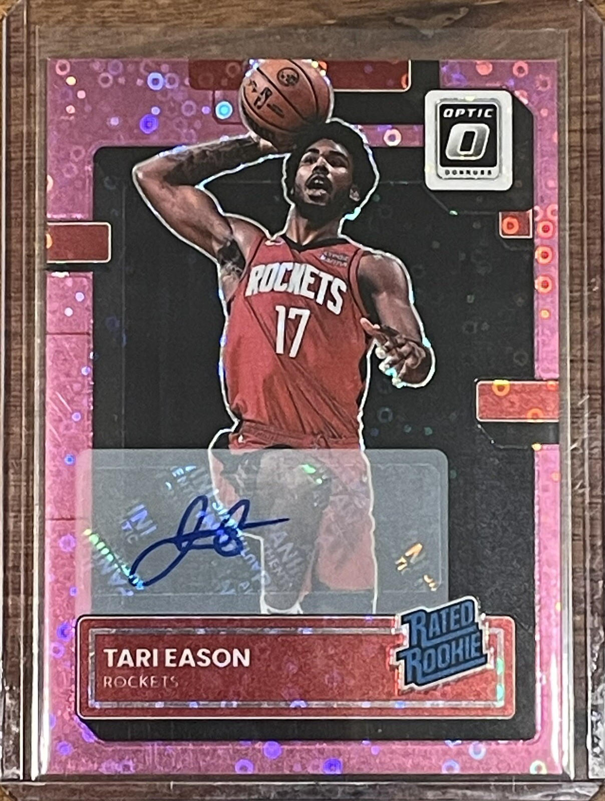 2022-23 Donruss Optic Tari Eason Pink Disco Rated Rookie Auto /25 #203 Rockets