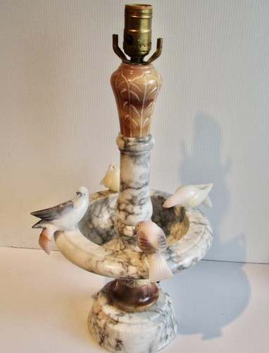 ANTIQUE SUPERBE MARBLE AND ALASBASTER BIRDS BATH TABLE LAMP 18" - Picture 3 of 10