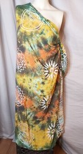 Sarong Swim Wrap Orange Grn Tie Dye White Geometric Boho Print Fringe One Size