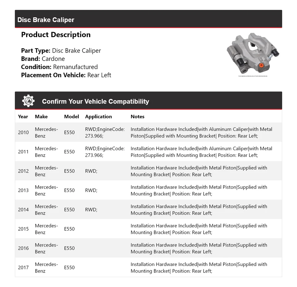 Pinza de freno de disco trasera izquierda cardone 2011 2012 para Mercedes-Benz E550 2010-2017 Foto 2 de 4