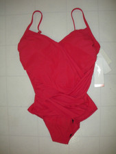 GOTTEX Red Lattice V Neck 1 Piece Swimsuit Sz 12 NWT
