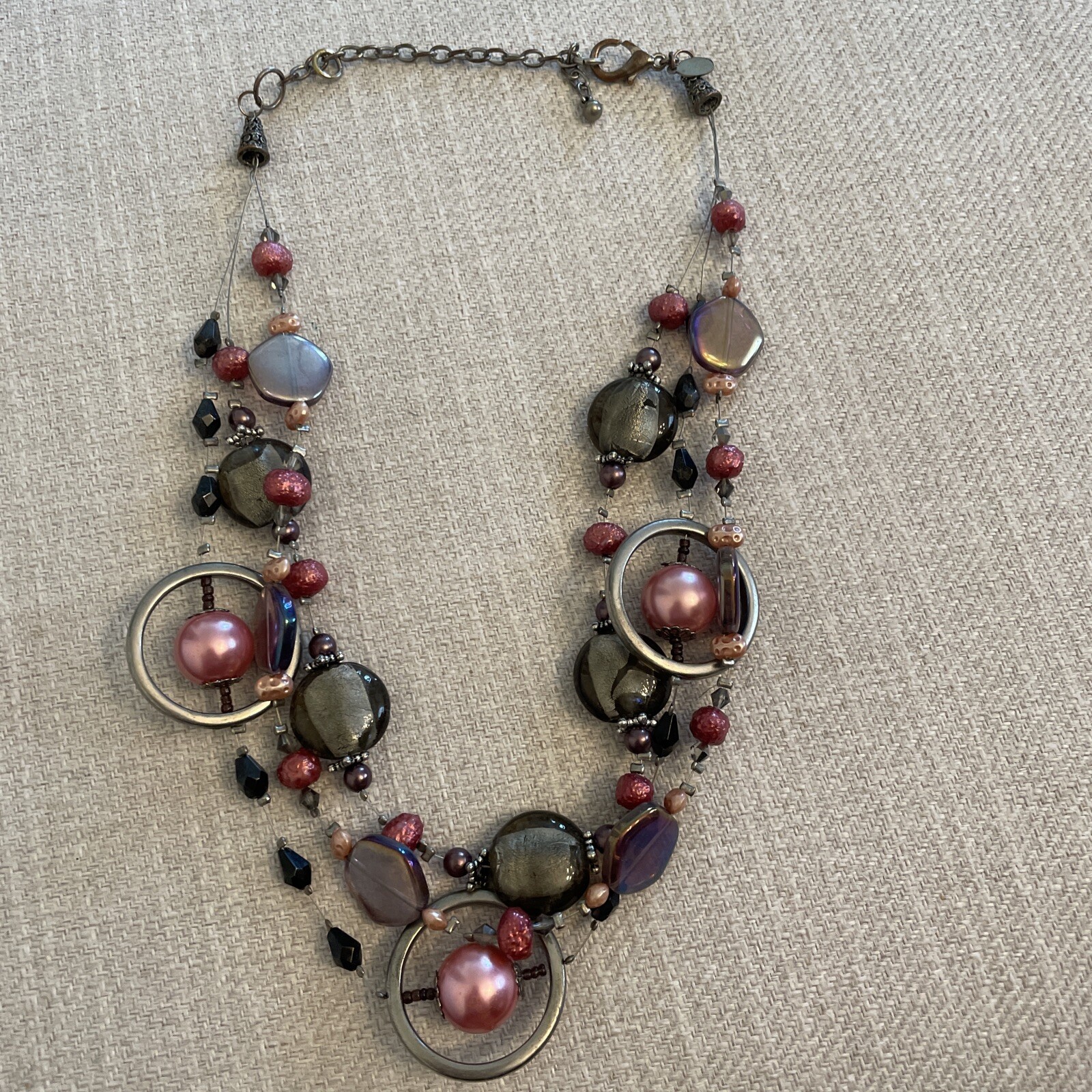Vintage Chicos Pink Grey Glass Silver Metal Beaded 3 Strand Necklace Y2K