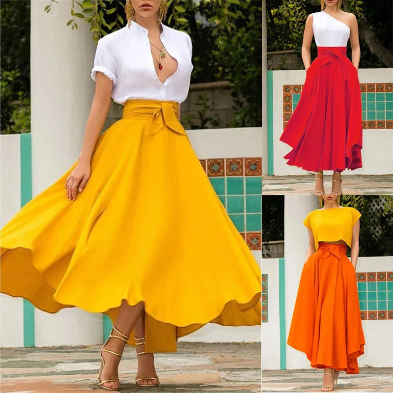 High Waist Skirts Dress Summer Holiday Womens Swing Fashion Long Skirt Size