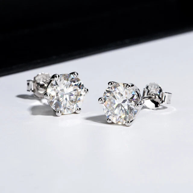 7mm Round Cut Moissanite Push Back Stud Earrings in 14K White Gold Plated, Perfect Gift