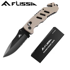 FLISSA Stainless Steel Folding Pocket Knife w/Seatbelt Cutters and Glass Breaker