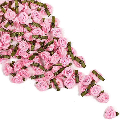 Mini Pequeña Cinta de Satén Rosa Brotes Flores con Hojas Verdes APLICACIÓN ARTESANÍA - Imagen 20 de 132