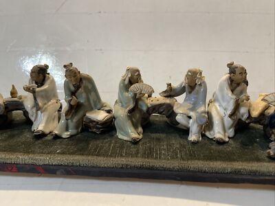 Set of 7 Antique 1920s Chinese Hand-Painted Mud Figures Seated