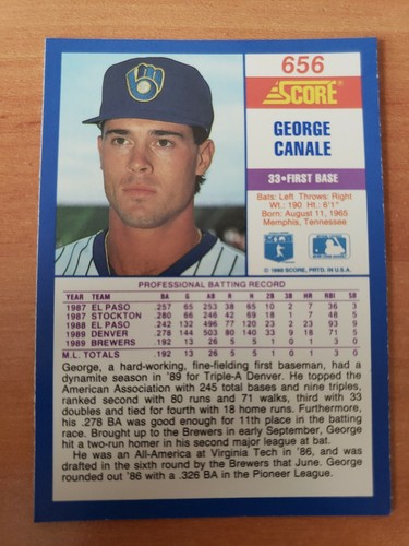 1990 Score #656 George Canale - Rookie - Brewers - MLB - Freshly Opened Pack - Picture 2 of 2