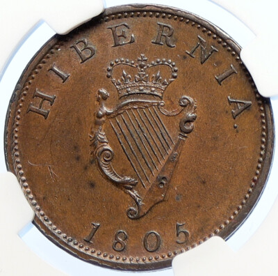 1805 IRELAND UK King George III Antique Lyre VINTAGE 1/2 Penny
