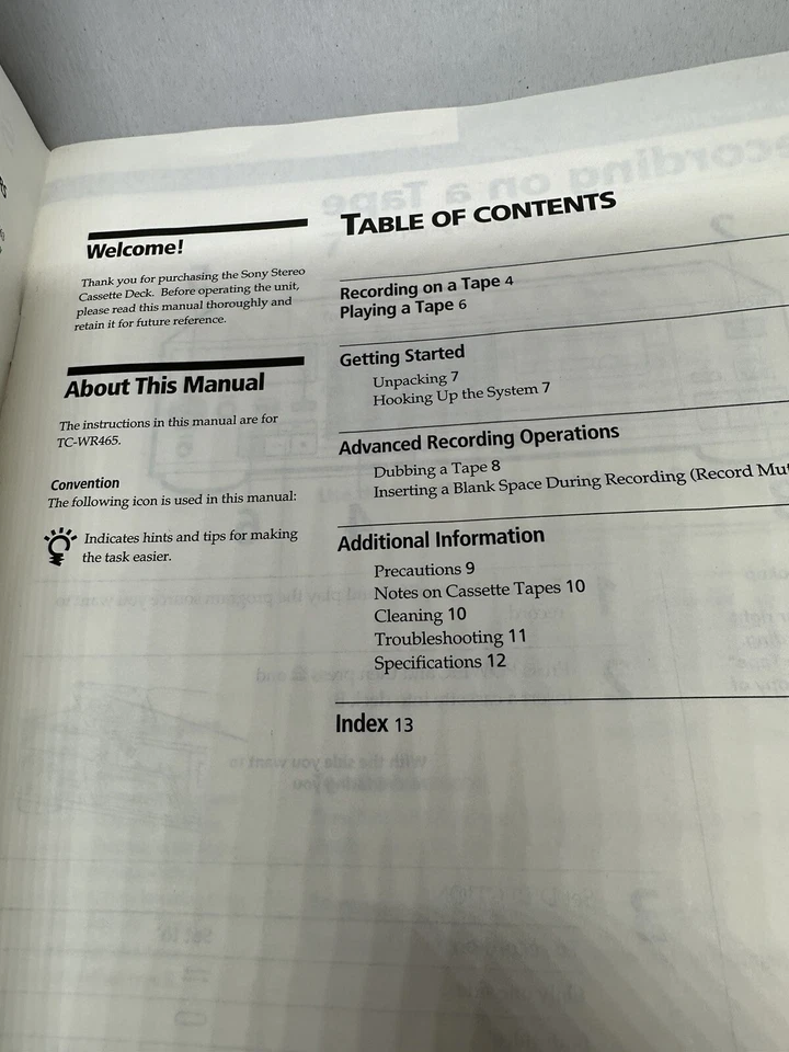 Genuine Sony TC-WR465 Stereo Cassette Tape Player Owner’s Manual - Image 3 of 3