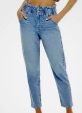 SO Womens Juniors Mom High Rise Jean Size 9 (30x26) Taper Distress Stretch Blue