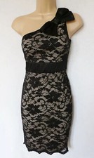 new LIPSY black lace overlay one shoulder bow detail stretch occasion dress 6