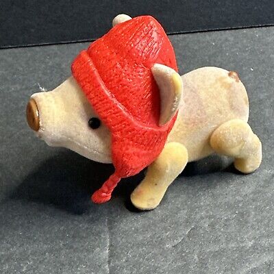 Teacup Toy Piggy Piglet Pet Small Felt Flocked Talking Red Hat
