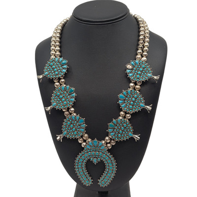 Sancrest Vintage Silver-Toned Double Strand Turquoise Squash Blossom Necklace