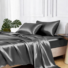 MR HM Satin Bed Sheets, Queen Size Sheets Set, 4 Pcs Silky Bedding Set with 15