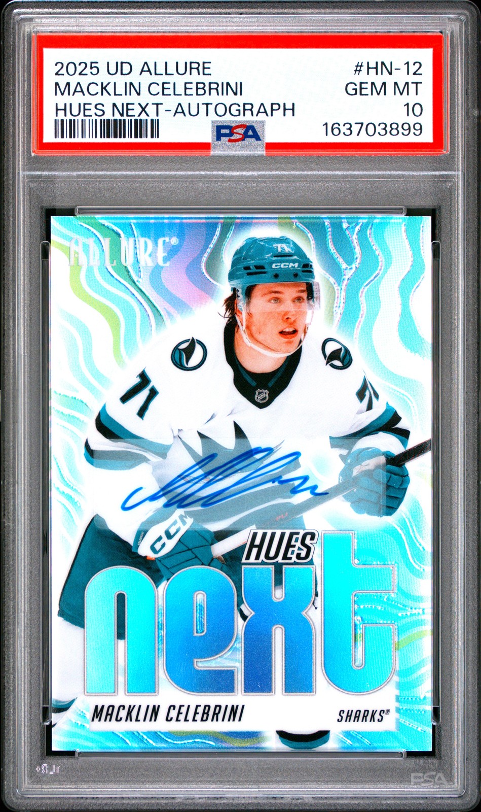 Macklin Celebrini #HN-12 Hockey Cards 2025 Upper Deck Allure Hues Next Autograph trading card — raw and PSA graded price guide