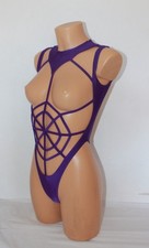 Women Thong One-piece Leotard 210-07 "Web" and Mitts Purple Spandex Size L