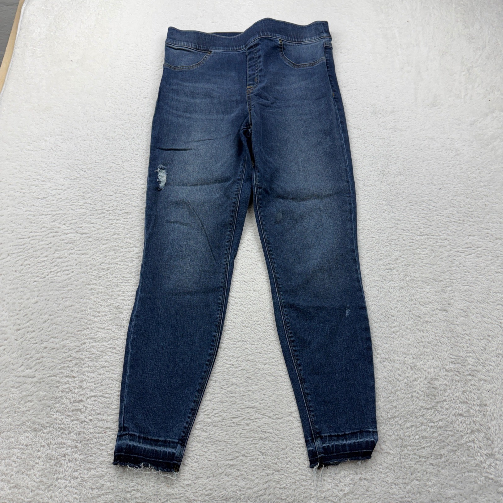 SPANX by Sara Blakely Women's Blue Denim Jeans Distressed Frayed Hem Large