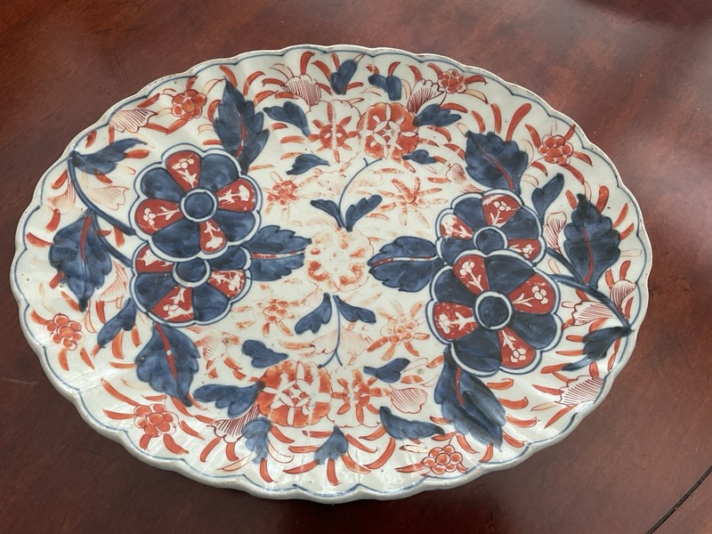 Antique Japanese Hand Painted Scalloped Imari Porcelain  Platter 13”x 10