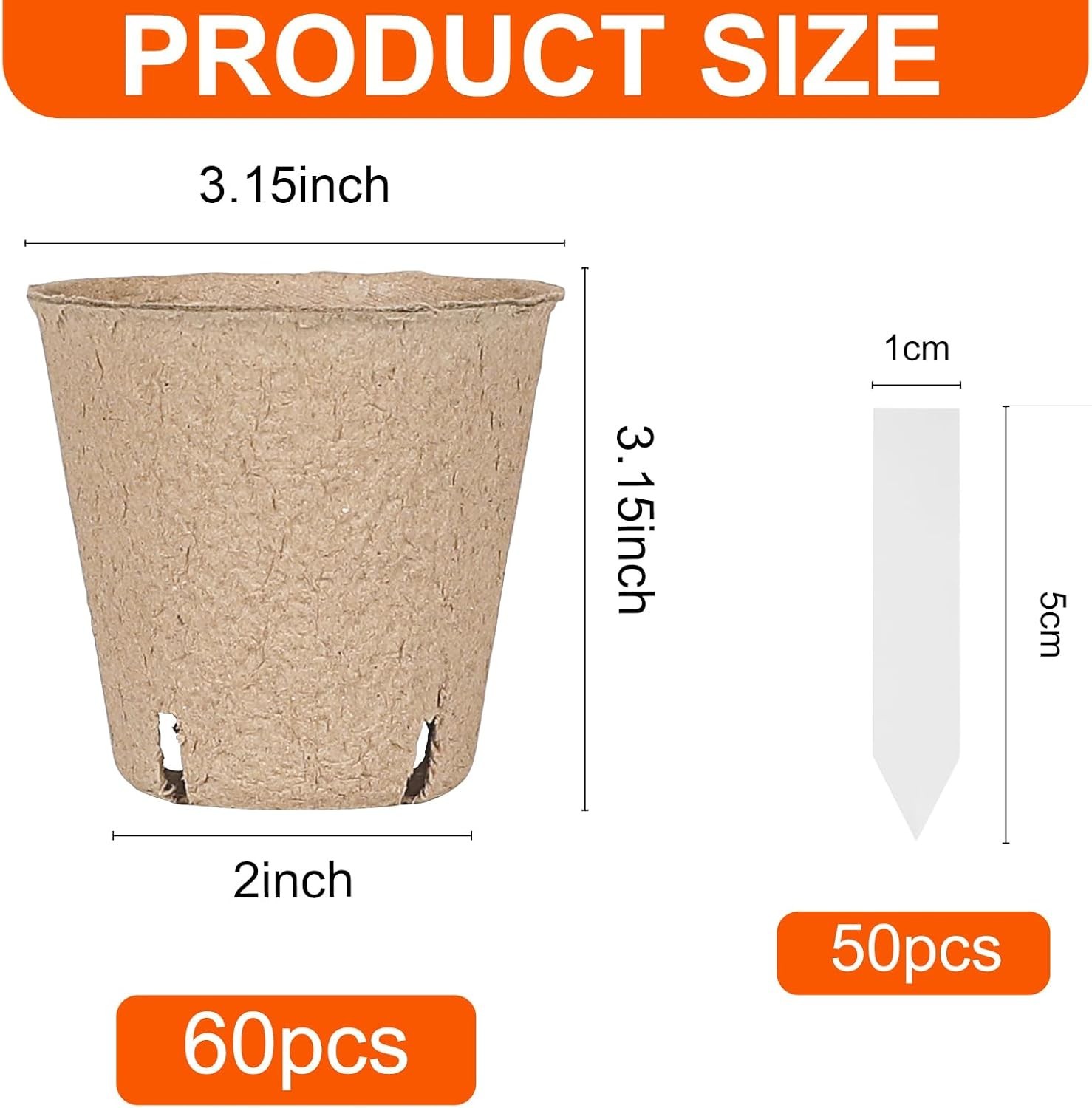60 Packs 3.15 Inch Peat Pots,Biodegradable Pots for Seedlings with Drainage Hole