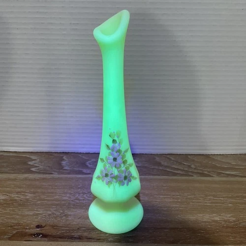 Fenton Uranium Custard Glass Bud Vase UV Glow Hand Painted Floral Signed Vintage